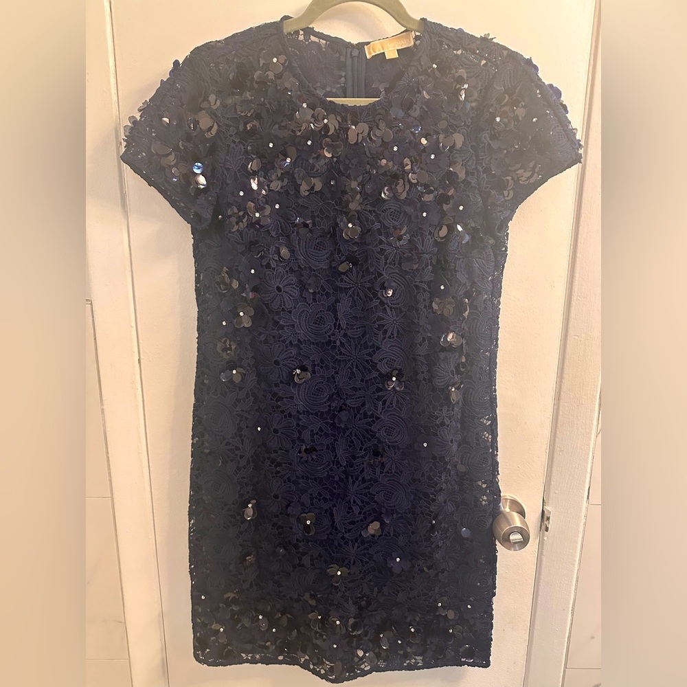 Barely Worn Michael Kors Navy Blue Lace and Flower Shift Dress Size 2